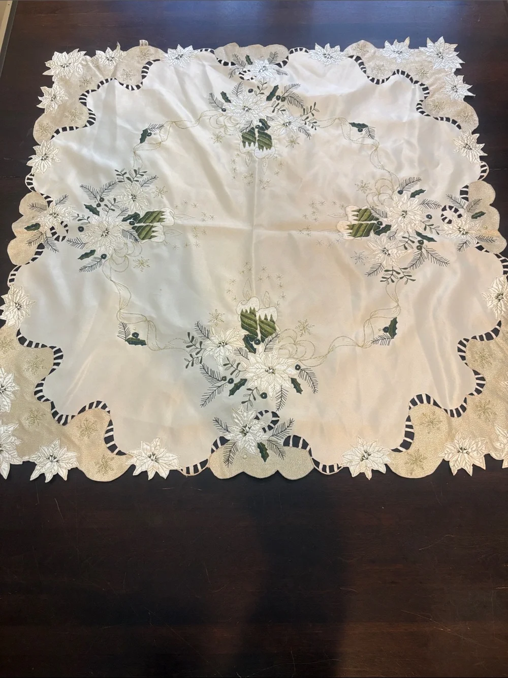 Embroidered Ivory and Green Christmas Candle Tablecloth